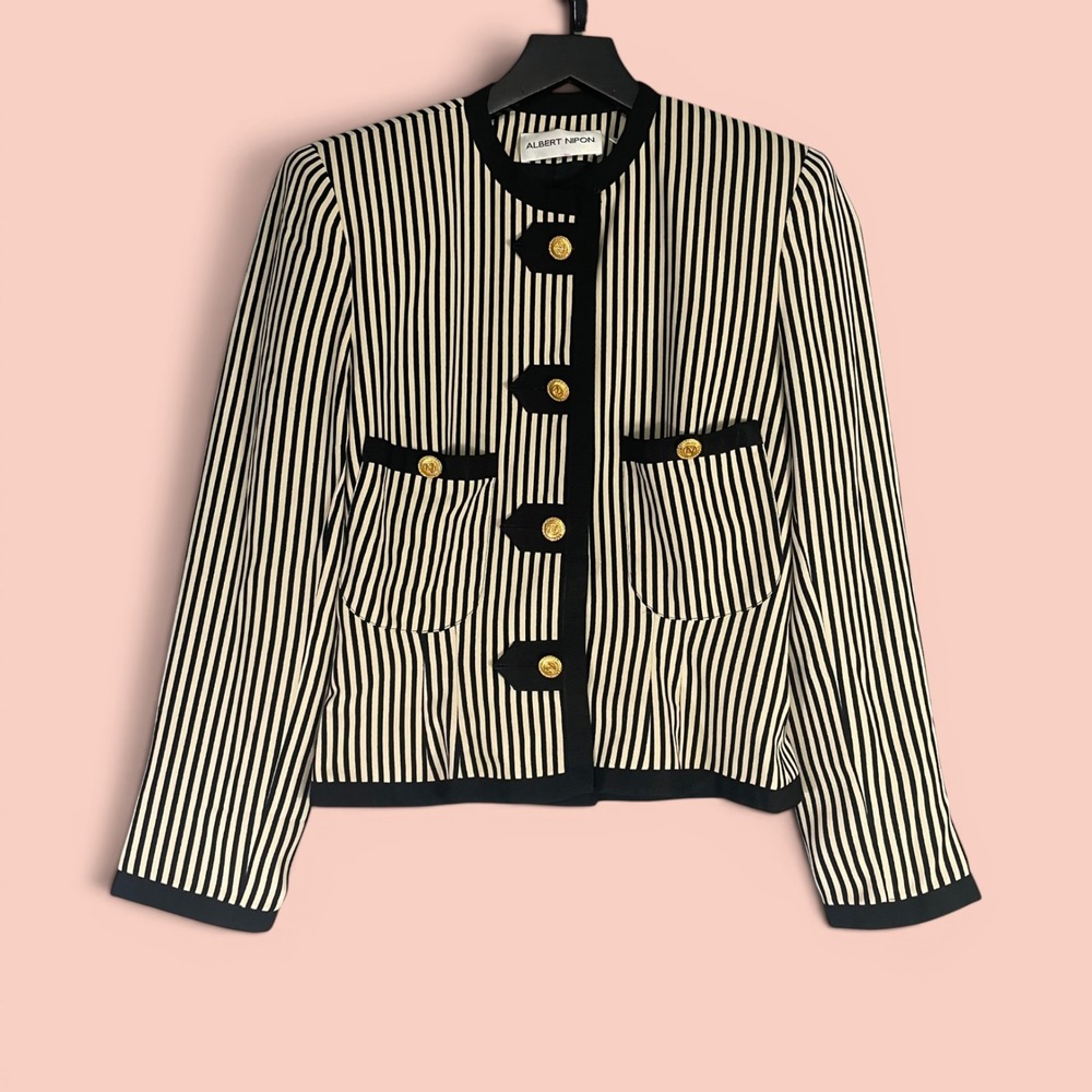 Vintage Striped Blazer Women 4 Albert Nipon Black Cream Gold Button Dress Jacket